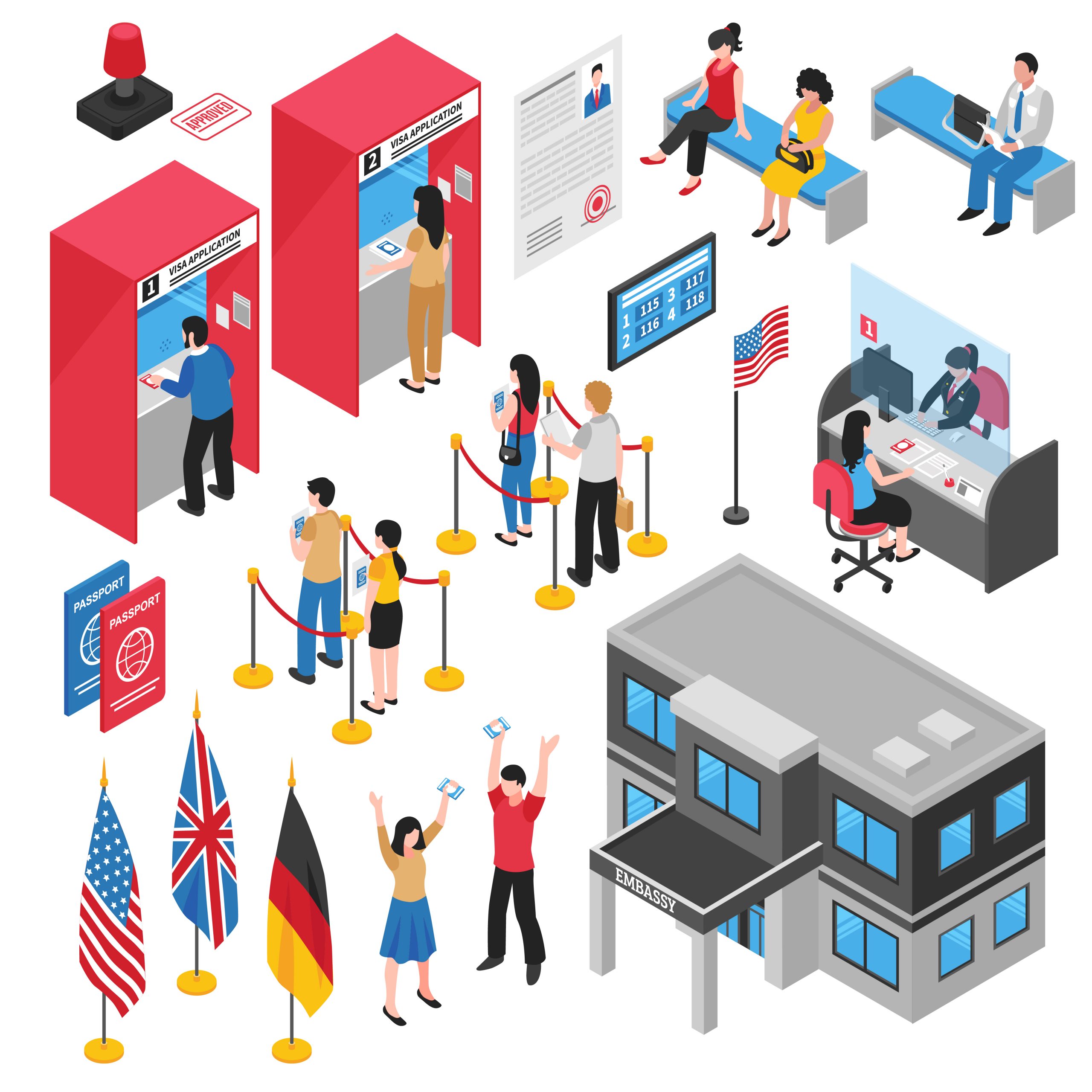 Colored isolated and isometric embassy visa center icon set people with people apply for your visa vector illustration